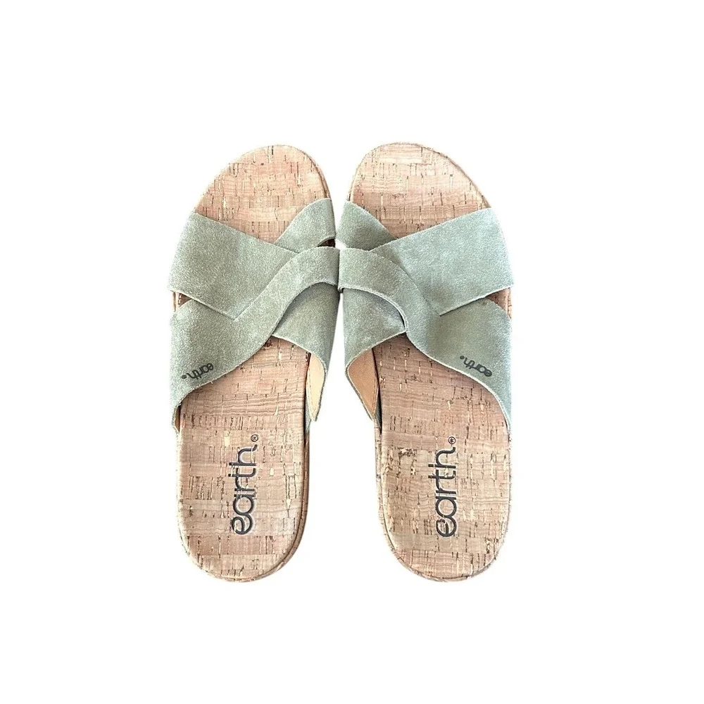 Earth Scout Sage Green Suede Cork Platform Slide Sandals Womens 8.5M